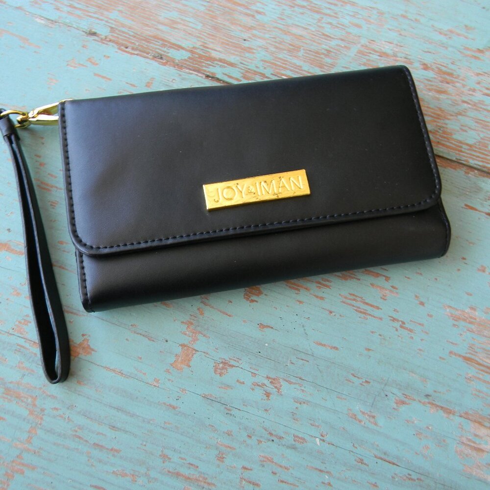 JOY & IMAN BLACK LEATHER CLASSIC CELL PHONE HOLDER/WALLET/WRISTLET